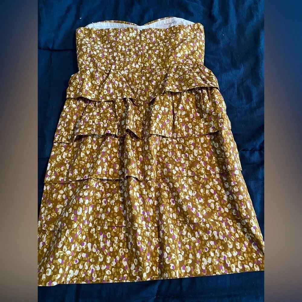 J. Crew Strapless Tiered Ruffle Sheath Cocktail Mini Dress in Brown and Purple - Picture 3 of 6